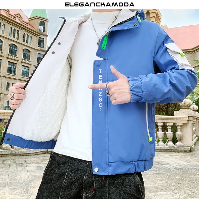 moda zimowa męska kurtka polarowa ze stójką bluza z kapturem slim windproof żółty