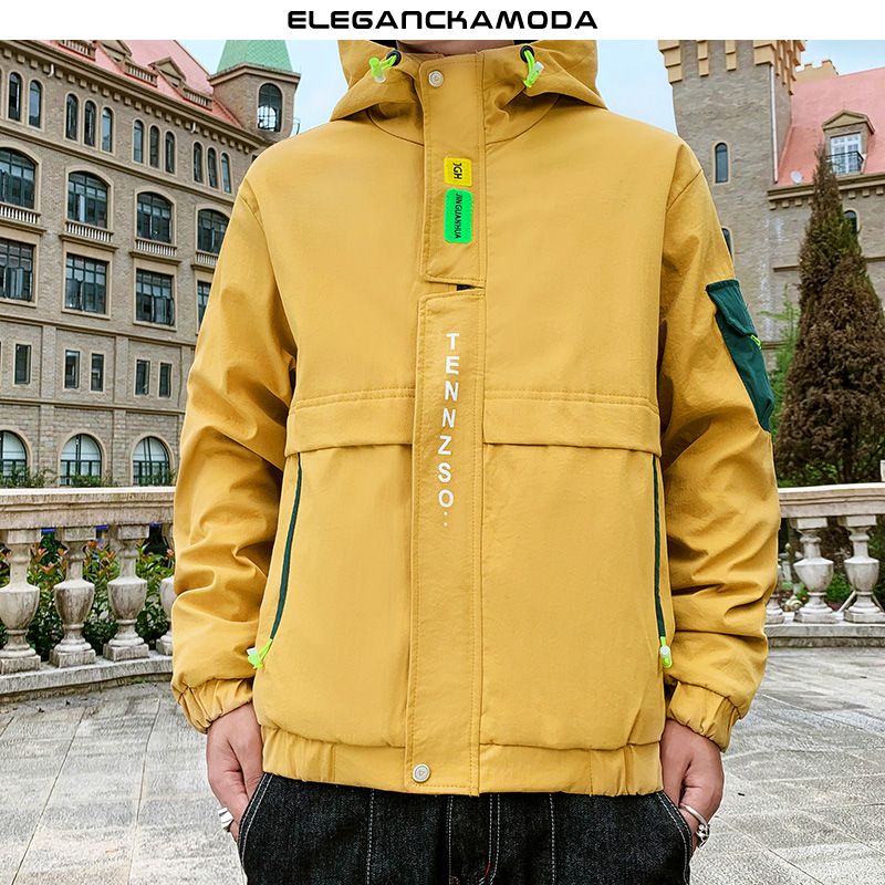 moda zimowa męska kurtka polarowa ze stójką bluza z kapturem slim windproof żółty