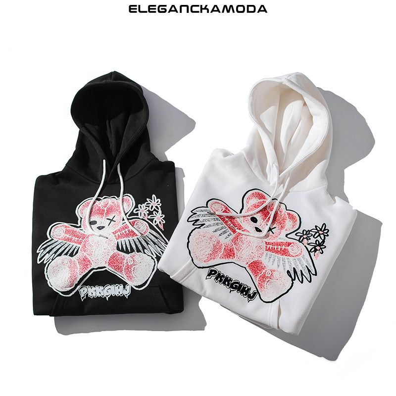 modna męska bluza z kapturem w dużym rozmiarze cartoon bear pullover kurtka z kapturem czarna