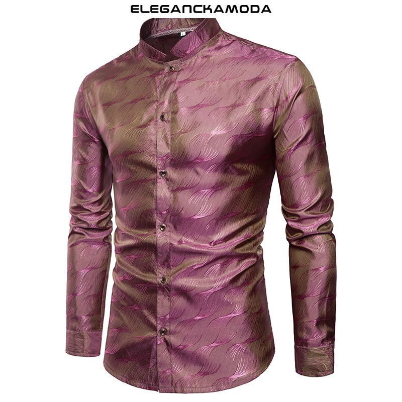 modna męska koszula shiny tencel pattern stojak kołnierz długi rękaw czerwony