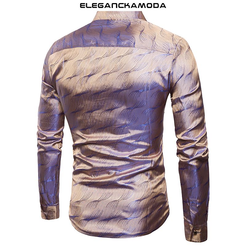 modna męska koszula shiny tencel pattern stojak kołnierz długi rękaw czerwony