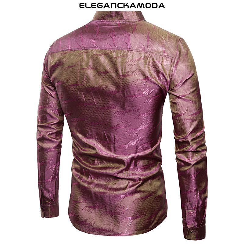 modna męska koszula shiny tencel pattern stojak kołnierz długi rękaw czerwony