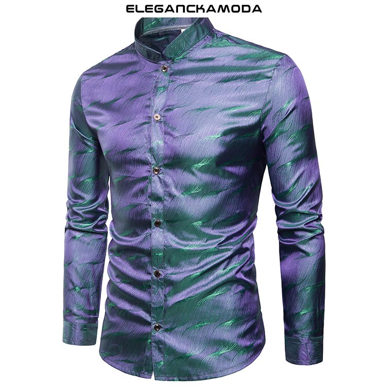 modna męska koszula shiny tencel pattern stojak kołnierz długi rękaw czerwony