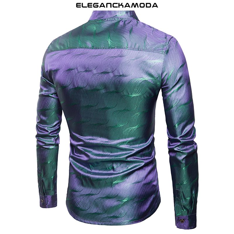 modna męska koszula shiny tencel pattern stojak kołnierz długi rękaw czerwony