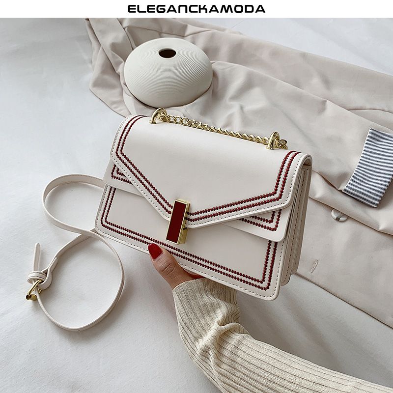 modna torba listonoszka modna torba na ramię w kształcie litery v flip hand carry chain pull ring white