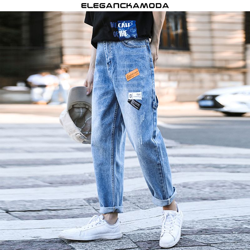 modne dżinsy w stylu street patch plus size męskie proste niebieskie