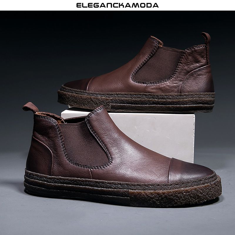 modne męskie buty chelsea retro martin boots skórzane brązowe