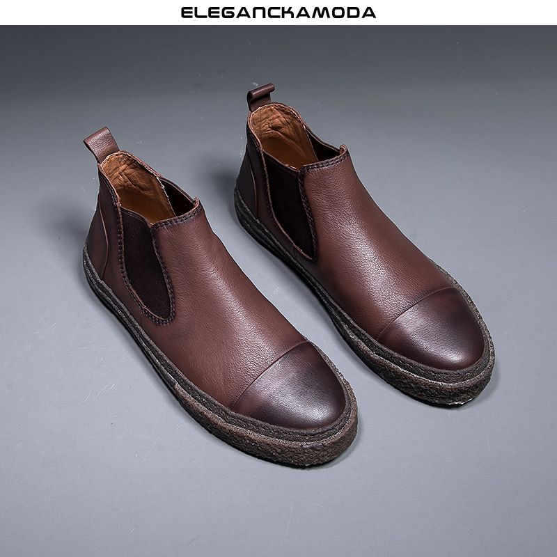 modne męskie buty chelsea retro martin boots skórzane brązowe