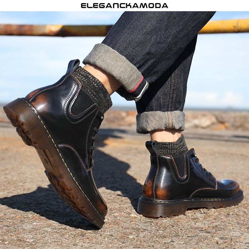 modne męskie buty chelsea skórzane retro casual martin boots brązowe