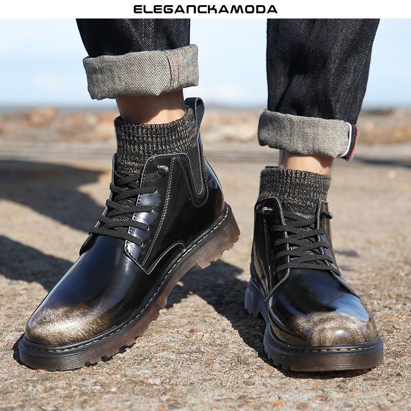 modne męskie buty chelsea skórzane retro casual martin boots brązowe