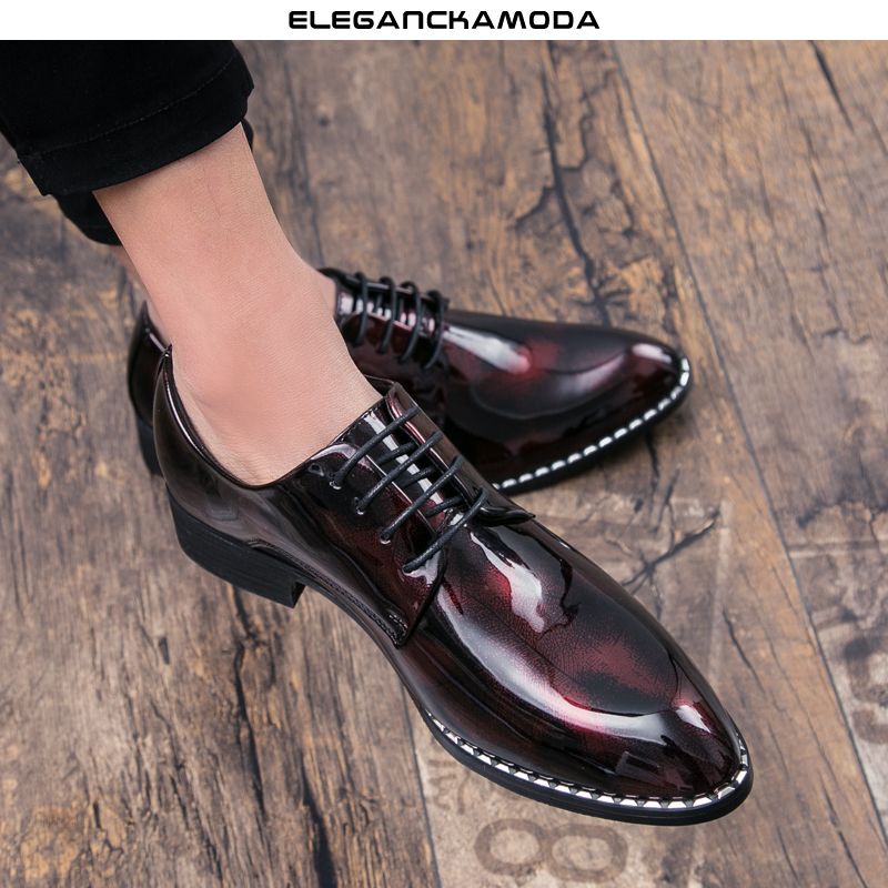 modne męskie buty derby business dress shoes pointed patent red