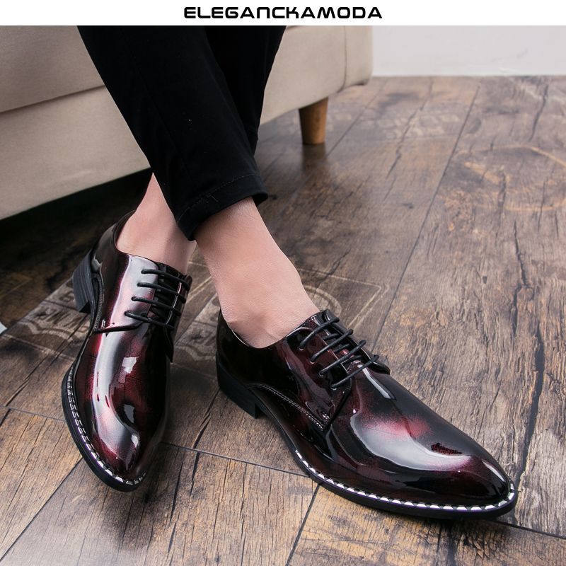 modne męskie buty derby business dress shoes pointed patent red