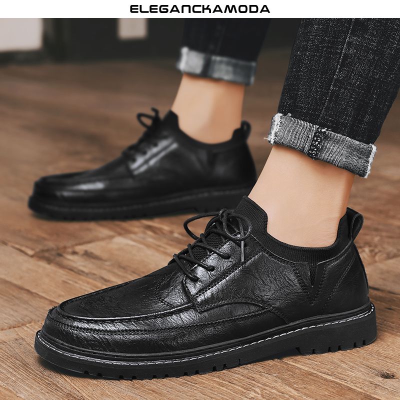 modne męskie buty derby casual business dress shoes dzianinowy kołnierz czarny