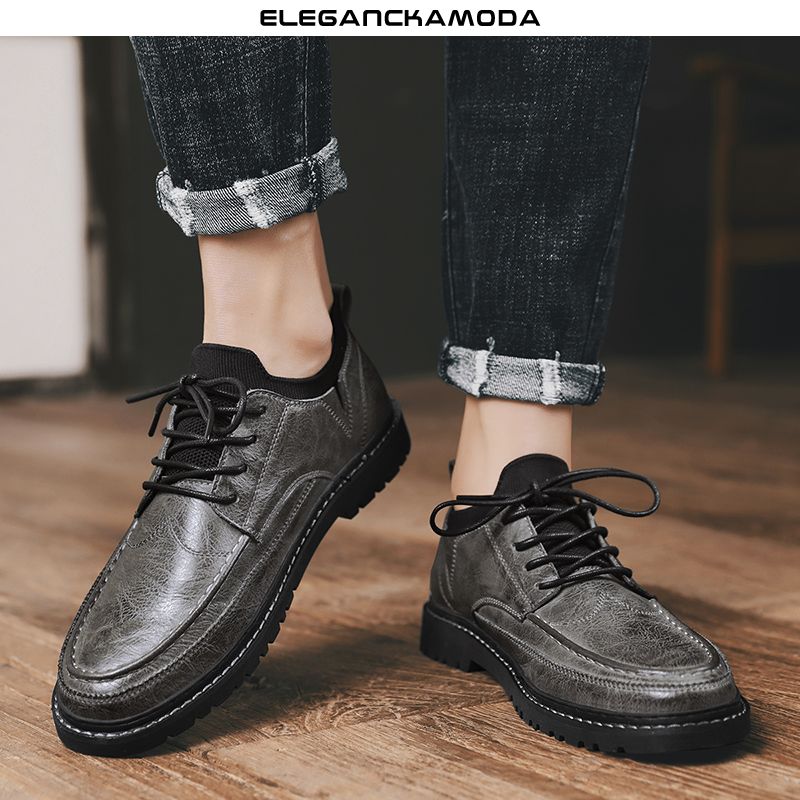 modne męskie buty derby casual business dress shoes dzianinowy kołnierz czarny