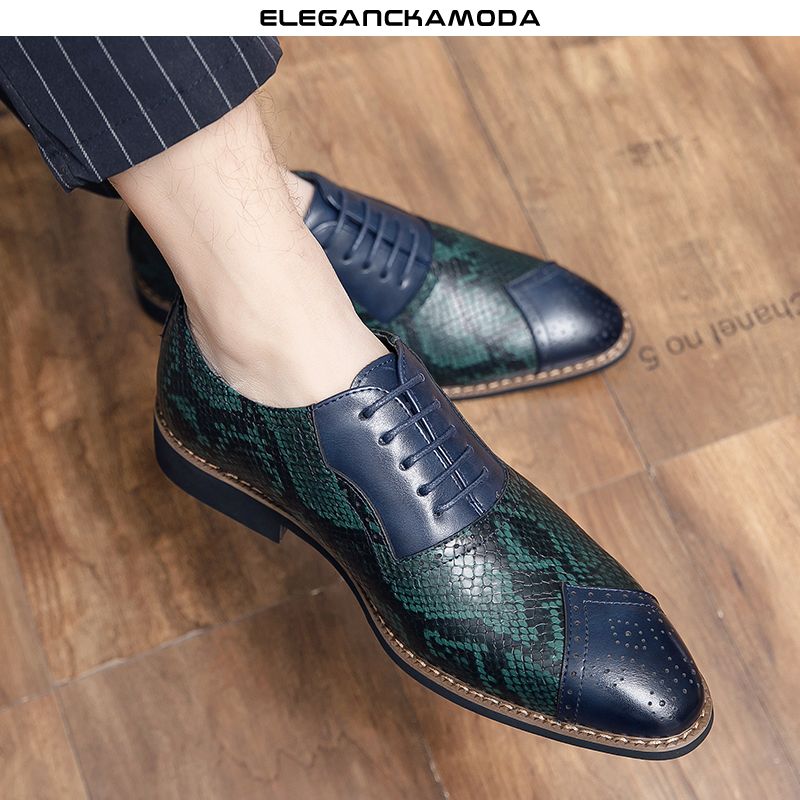 modne męskie buty oxford brock business casual dress shoes wzór węża elegancka zieleń