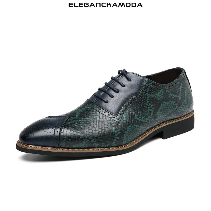 modne męskie buty oxford brock business casual dress shoes wzór węża elegancka zieleń