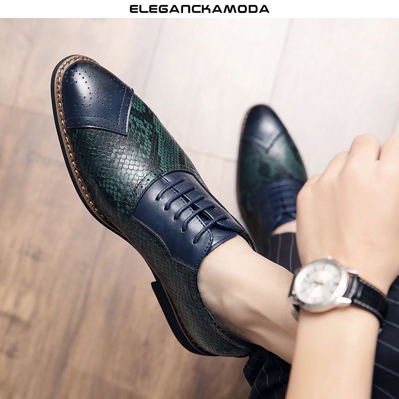 modne męskie buty oxford brock business casual dress shoes wzór węża elegancka zieleń