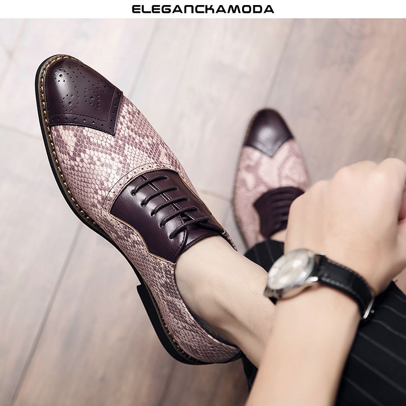 modne męskie buty oxford brock business casual dress shoes wzór węża elegancka zieleń