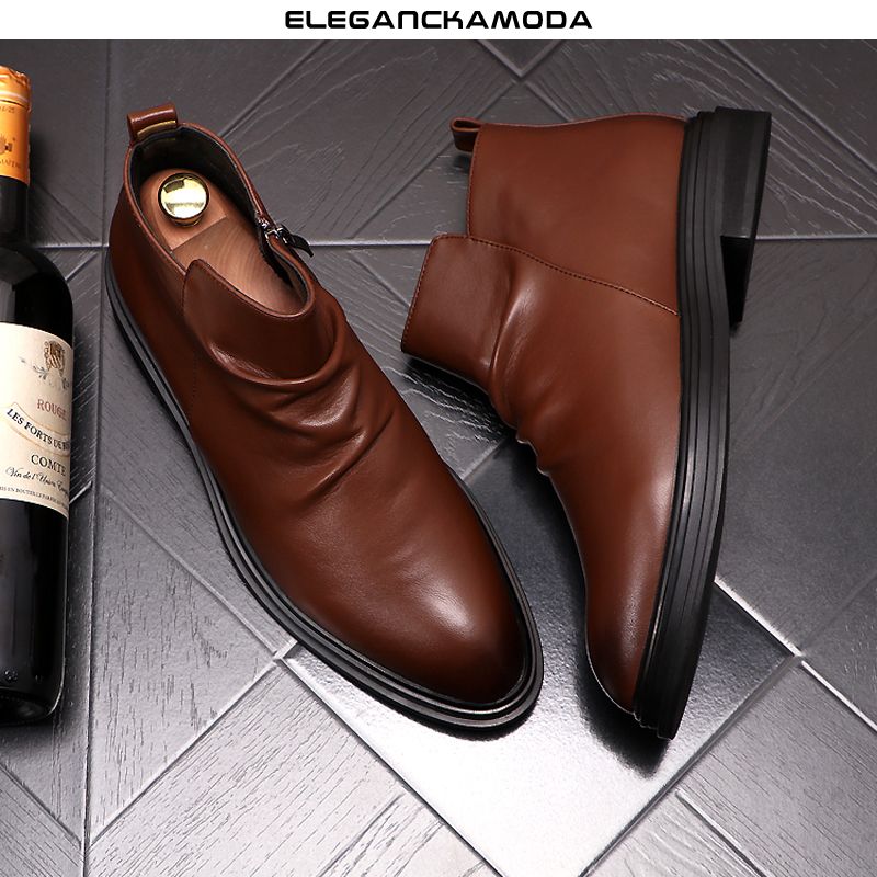 modne męskie krótkie buty pointed chelsea boots zipper skóra czarny