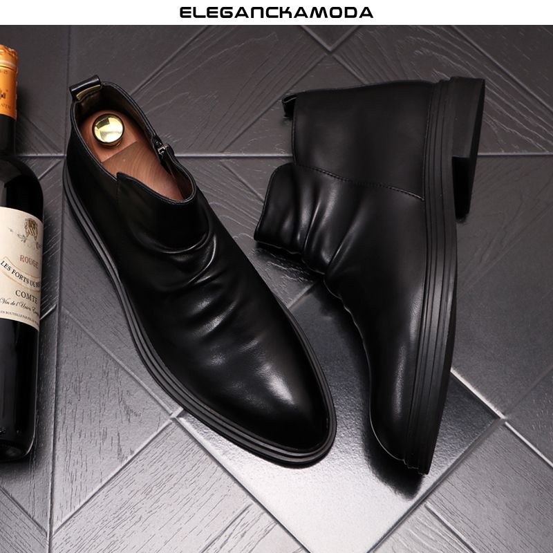 modne męskie krótkie buty pointed chelsea boots zipper skóra czarny