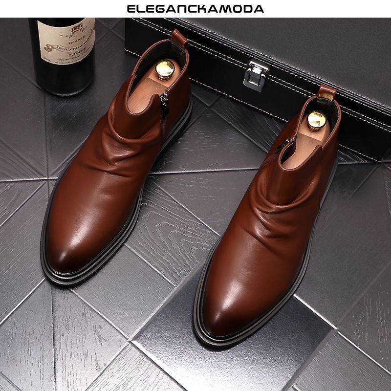 modne męskie krótkie buty pointed chelsea boots zipper skóra czarny