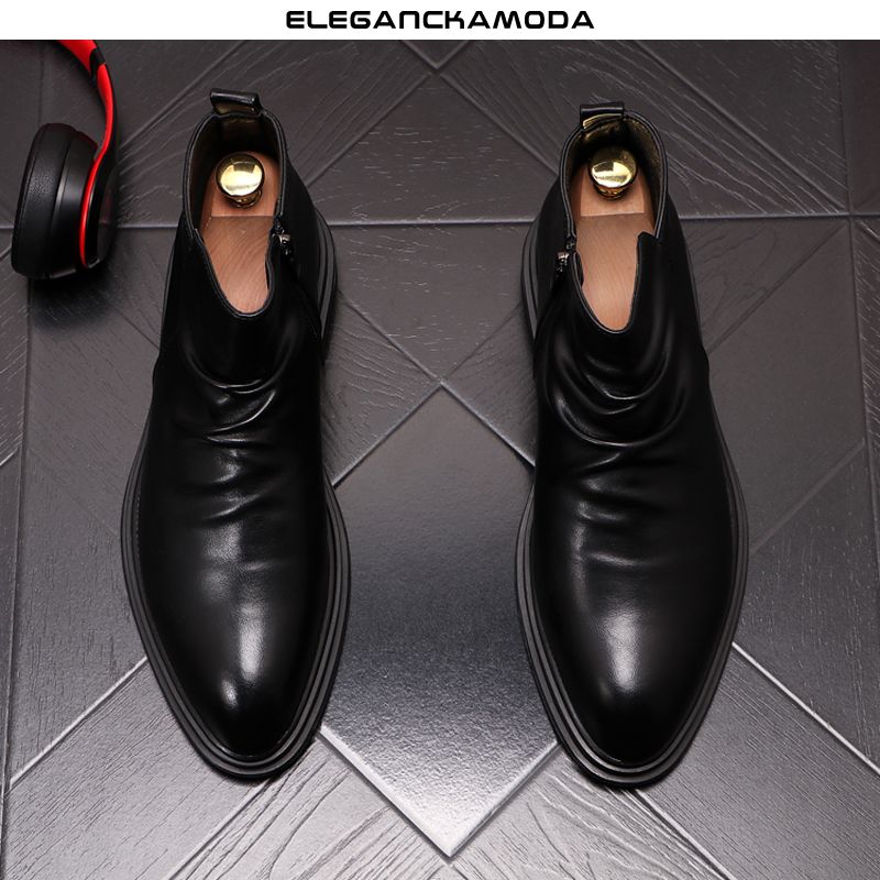 modne męskie krótkie buty pointed chelsea boots zipper skóra czarny