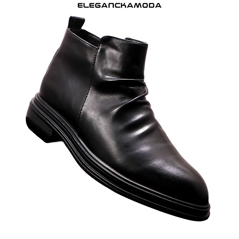 modne męskie krótkie buty pointed chelsea boots zipper skóra czarny