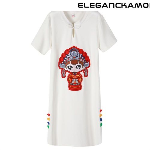 nowoczesna damska koszulka t-shirt dress fresh cheongsam print trend slim white