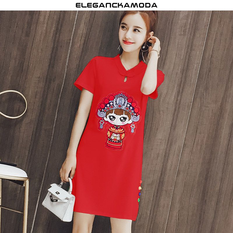 nowoczesna damska koszulka t-shirt dress fresh cheongsam print trend slim white