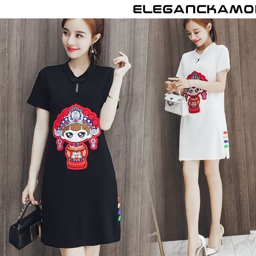 nowoczesna damska koszulka t-shirt dress fresh cheongsam print trend slim white