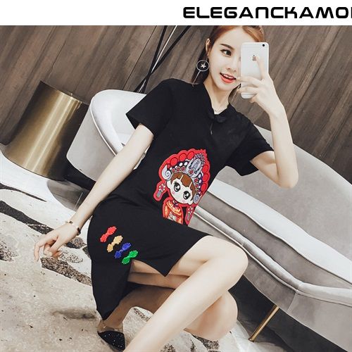 nowoczesna damska koszulka t-shirt dress fresh cheongsam print trend slim white