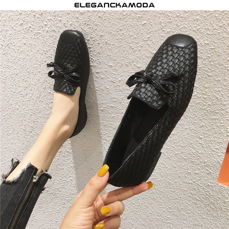 płaskie buty damskie retro miękka podeszwa tkana kokarda czarna