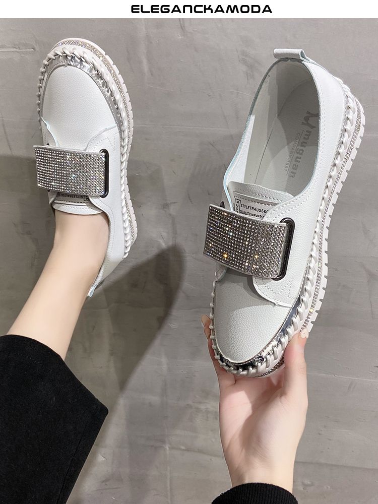 platformy z rzepem rhinestone modne płaskie buty damskie czarne