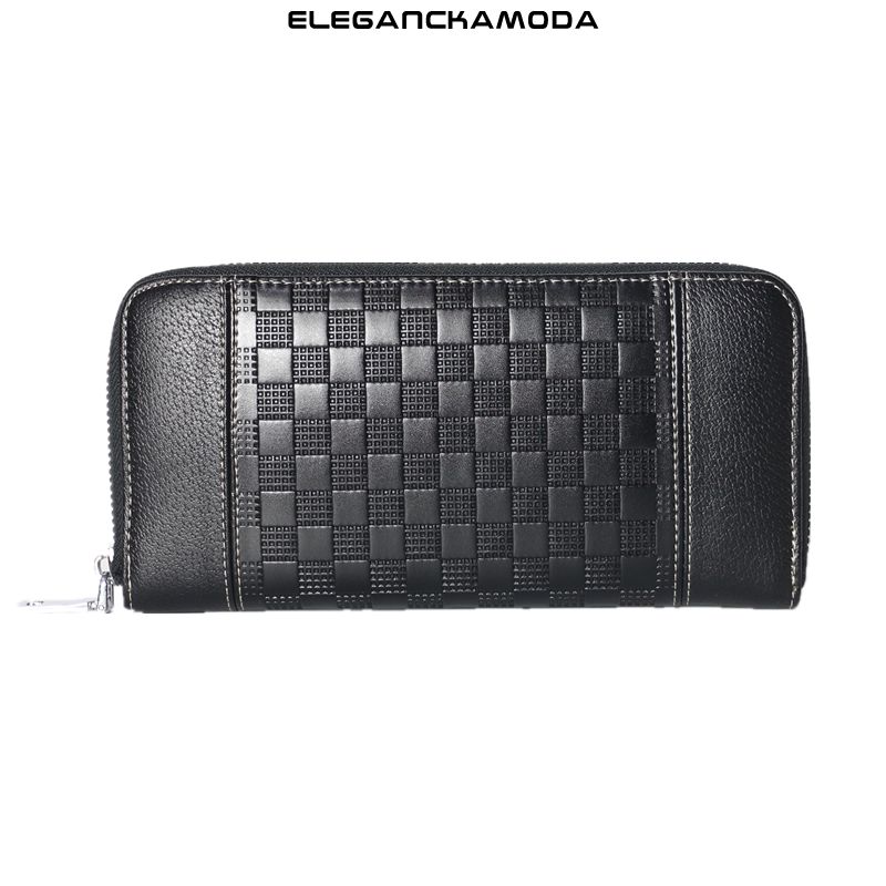 portfel męski zamek błyskawiczny długi fashion plaid clutch czarny