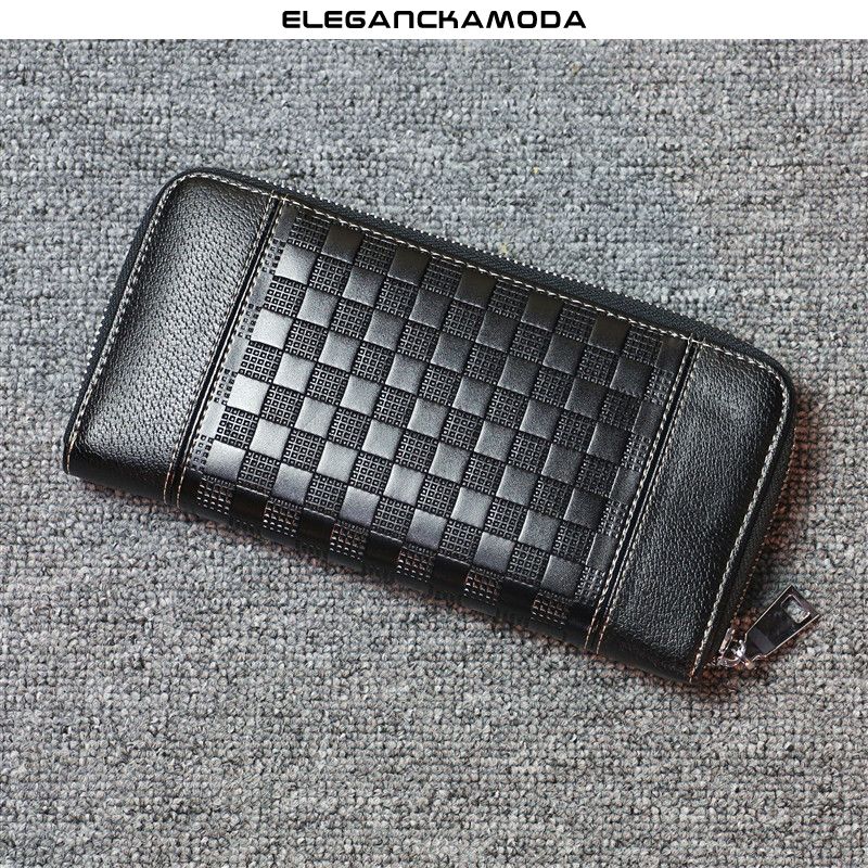 portfel męski zamek błyskawiczny długi fashion plaid clutch czarny