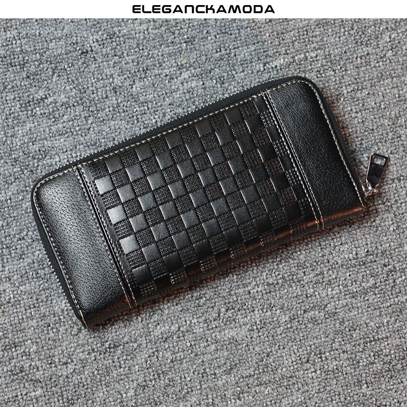 portfel męski zamek błyskawiczny długi fashion plaid clutch czarny