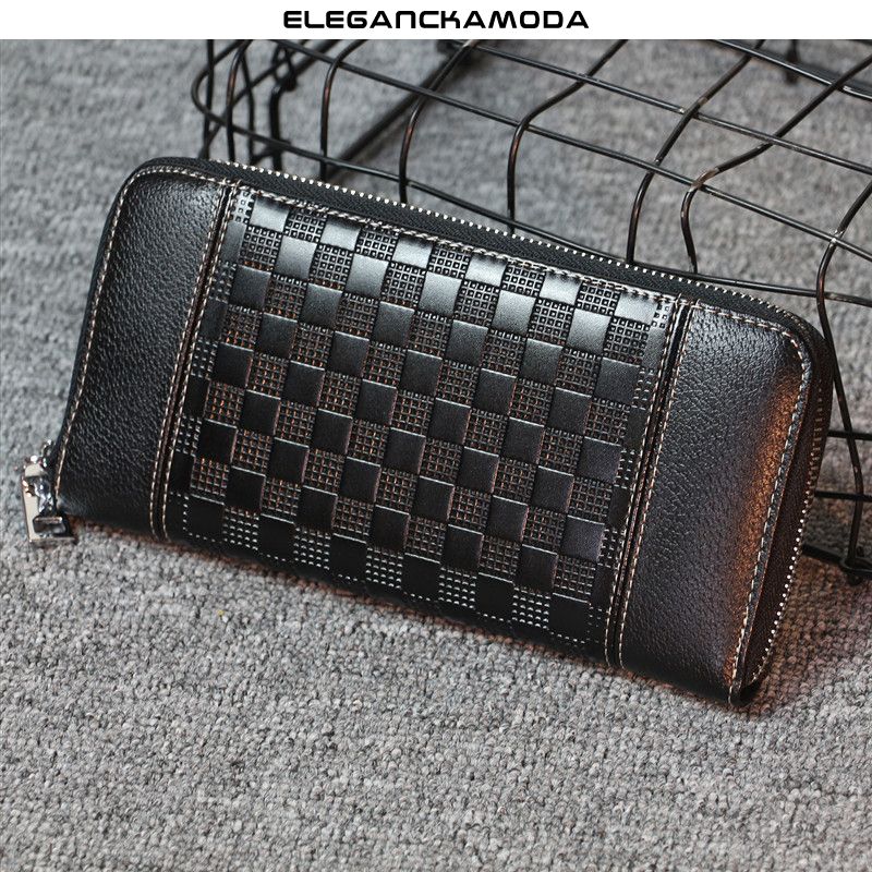 portfel męski zamek błyskawiczny długi fashion plaid clutch czarny