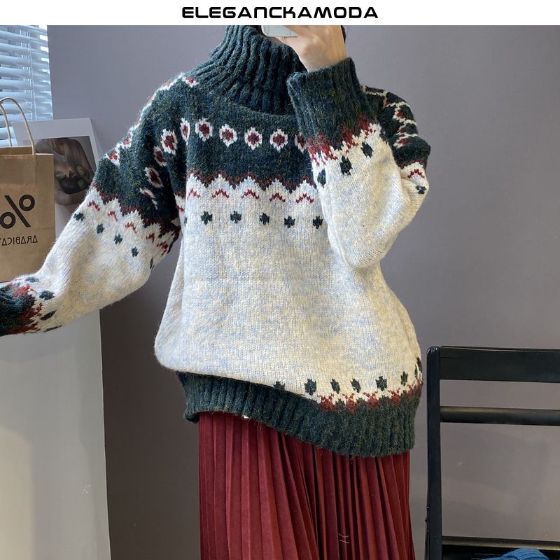 prosty damski sweter retro z wygodnej dzianiny w kolorze czerwonego wina