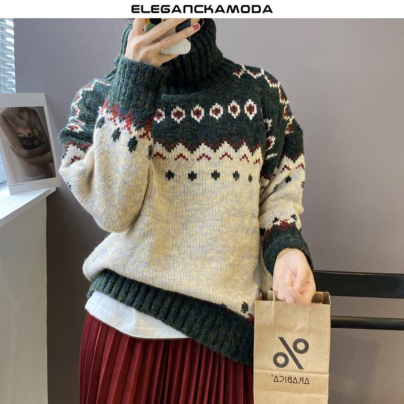 prosty damski sweter retro z wygodnej dzianiny w kolorze czerwonego wina