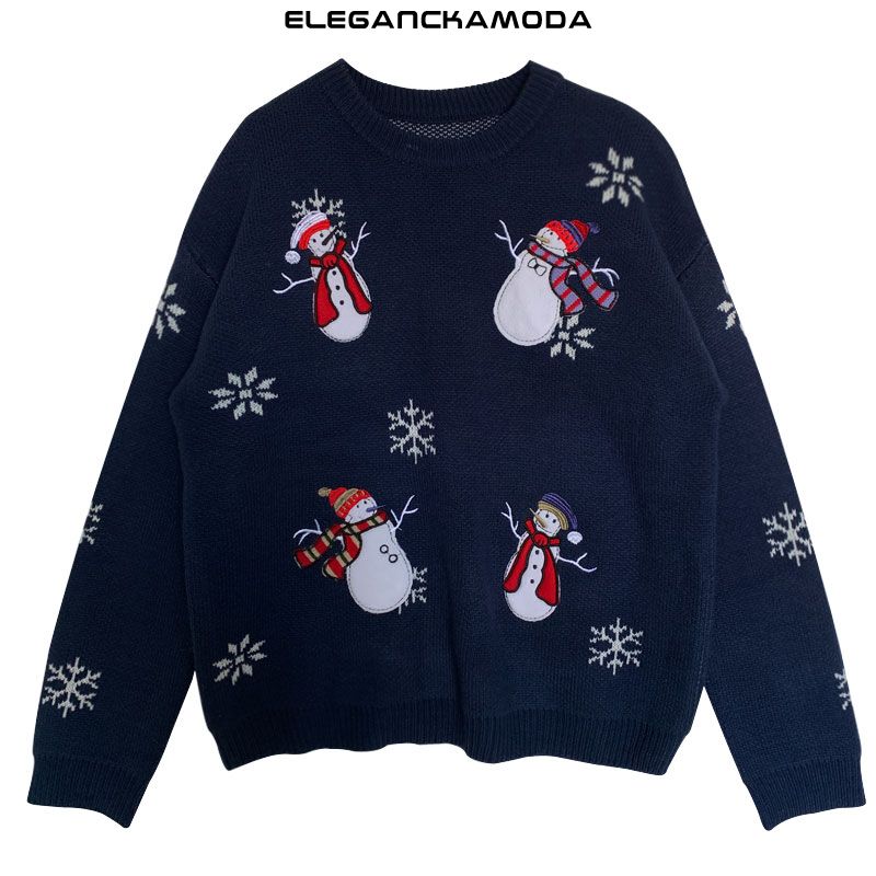 retro klasyczny damski sweter świąteczny sweter z bałwana dzianinowy niebieski