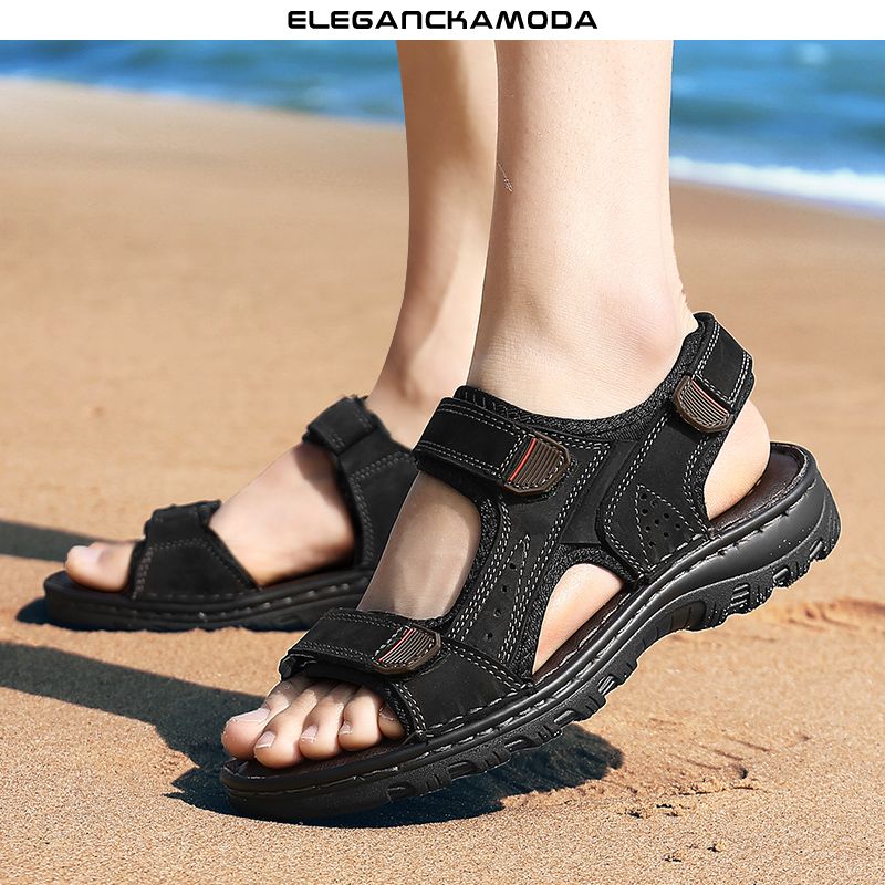 skórzane sandały męskie na rzepy casual modne buty plażowe driving brown