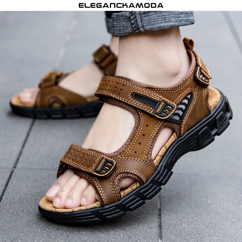 skórzane sandały męskie rzepy trend skóra bydlęca outdoor casual beach shoes duży rozmiar czarny