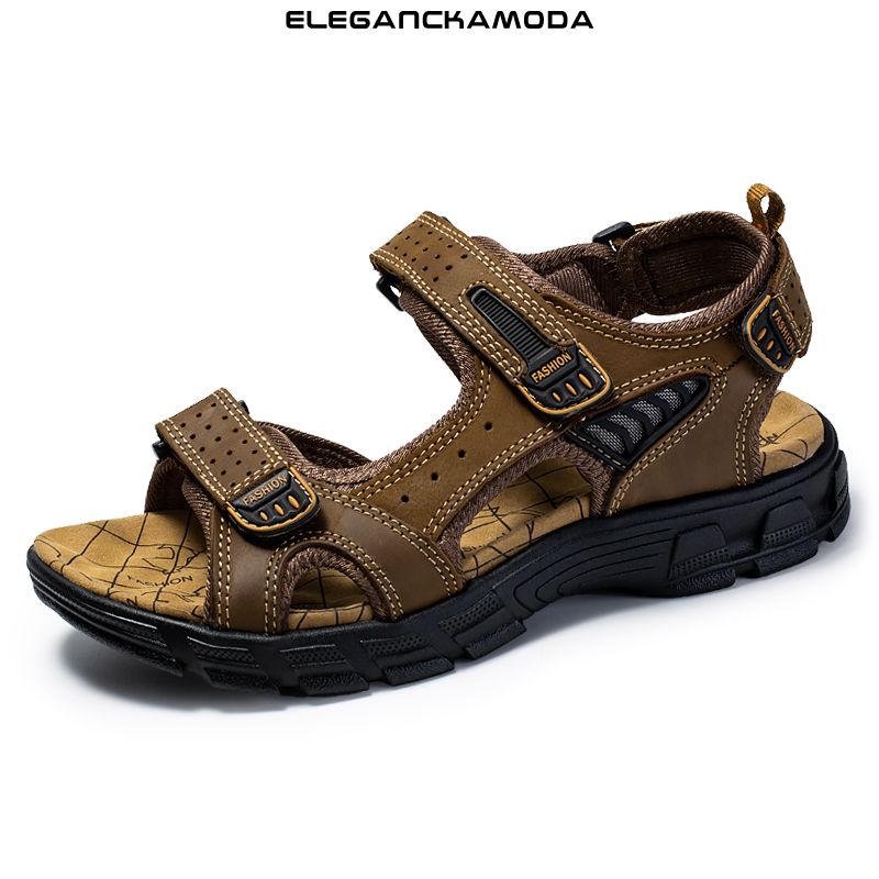 skórzane sandały męskie rzepy trend skóra bydlęca outdoor casual beach shoes duży rozmiar czarny