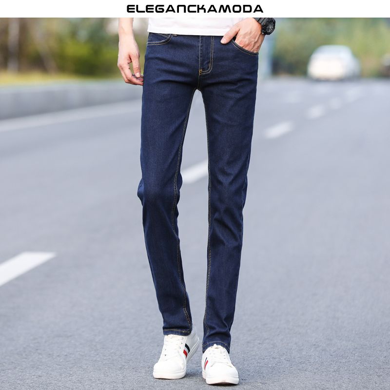 spodnie slim pure color stretch jeans męskie ciemnoniebieskie