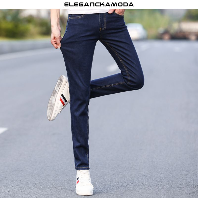 spodnie slim pure color stretch jeans męskie ciemnoniebieskie