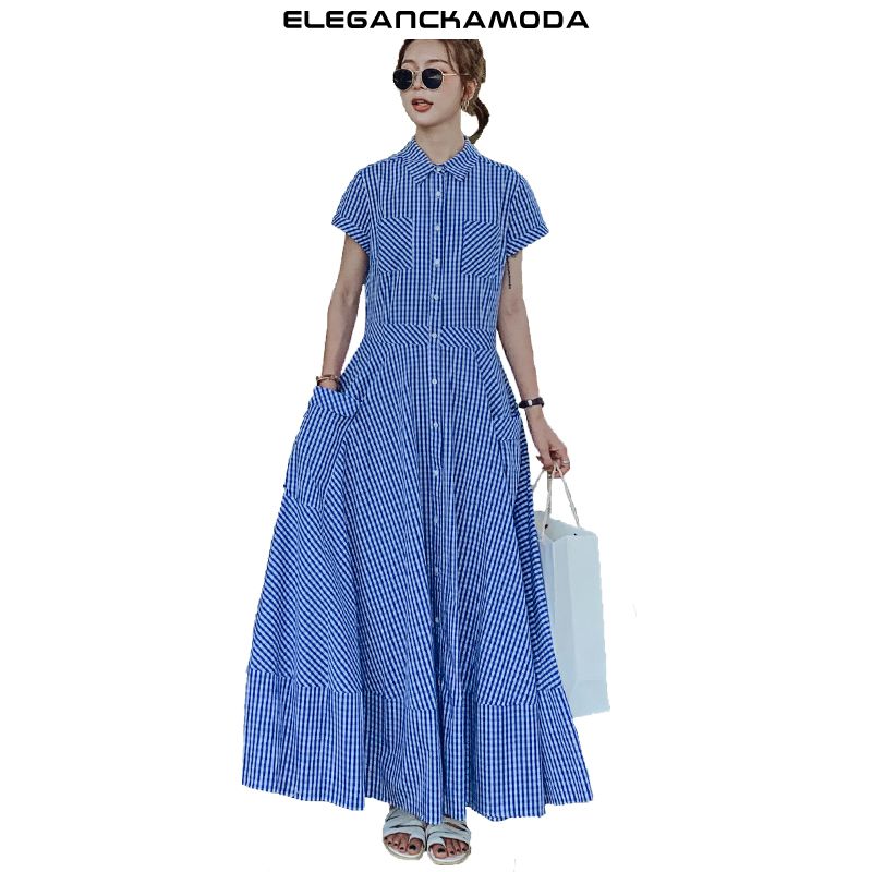 summer plaid big swing women dress blue