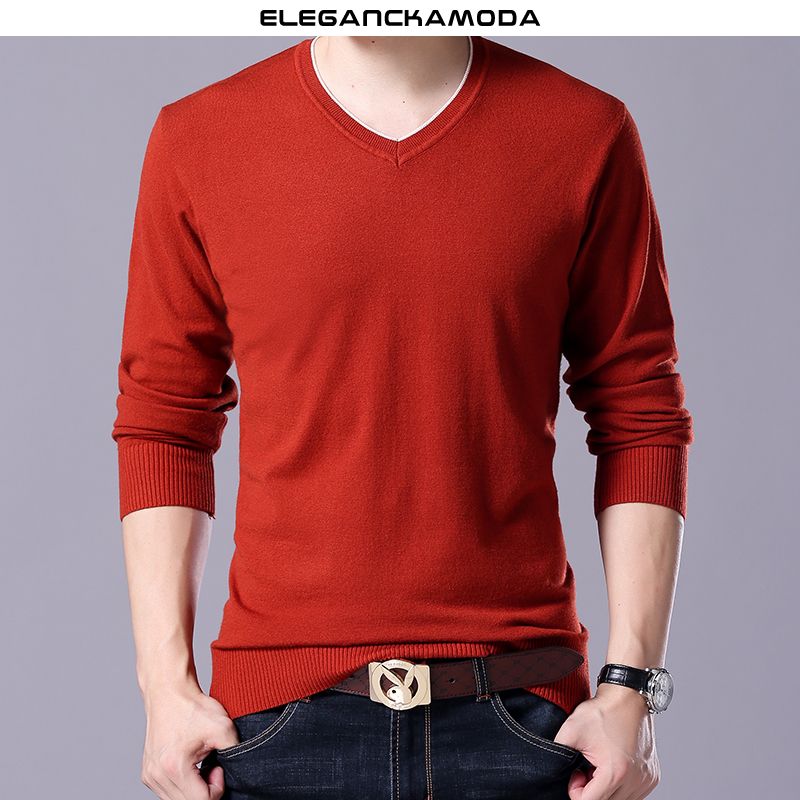 sweter męski na wiosnę i jesień casual slim v-neck czerwony