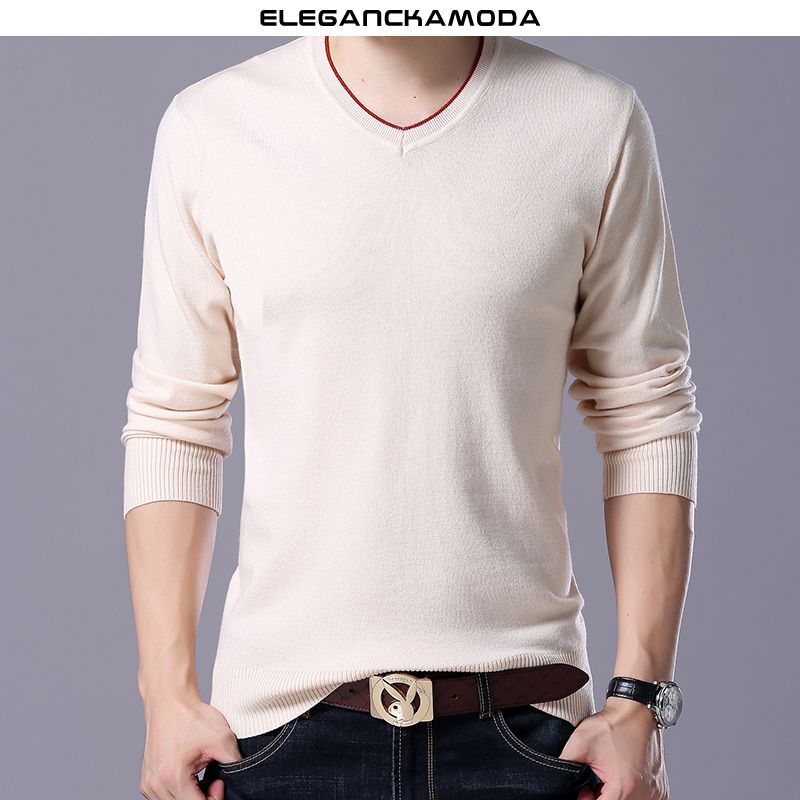 sweter męski na wiosnę i jesień casual slim v-neck czerwony