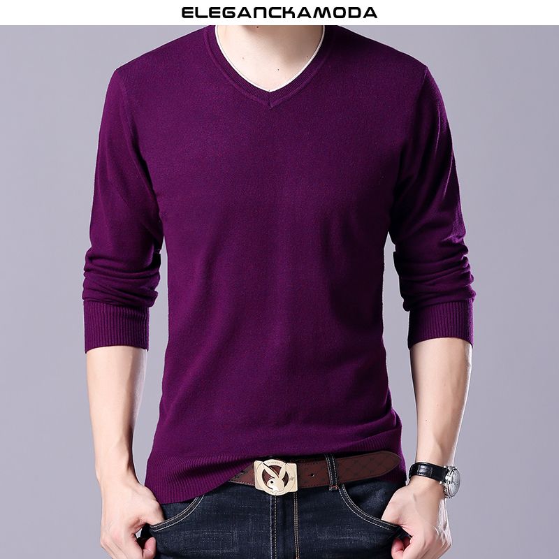 sweter męski na wiosnę i jesień casual slim v-neck czerwony