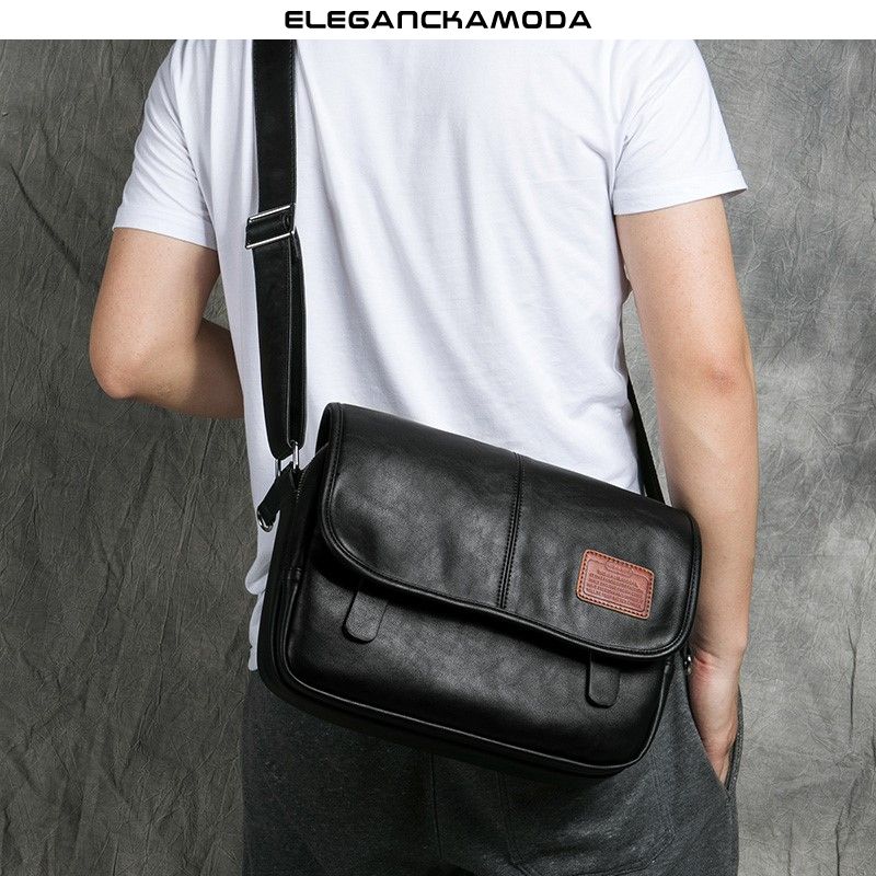 torba na ramię męska skórzana torba crossbody wielofunkcyjna modna klapka czarna